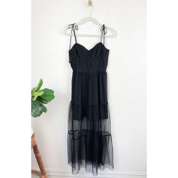Lulu’s Romantic Sheer Black Polka Dot Mesh Tiered Midi Dress Sz S - Picture 2 of 9